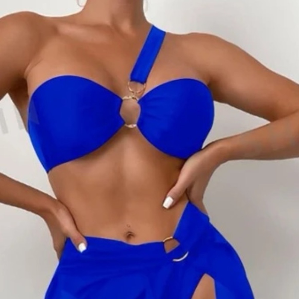 SHEIN Swim SXY Ring Linked One Shoulder Bikini Swimsuit- Royal Blue / M(6)